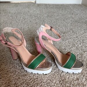 Scala Pink and Green Heeled Sandals